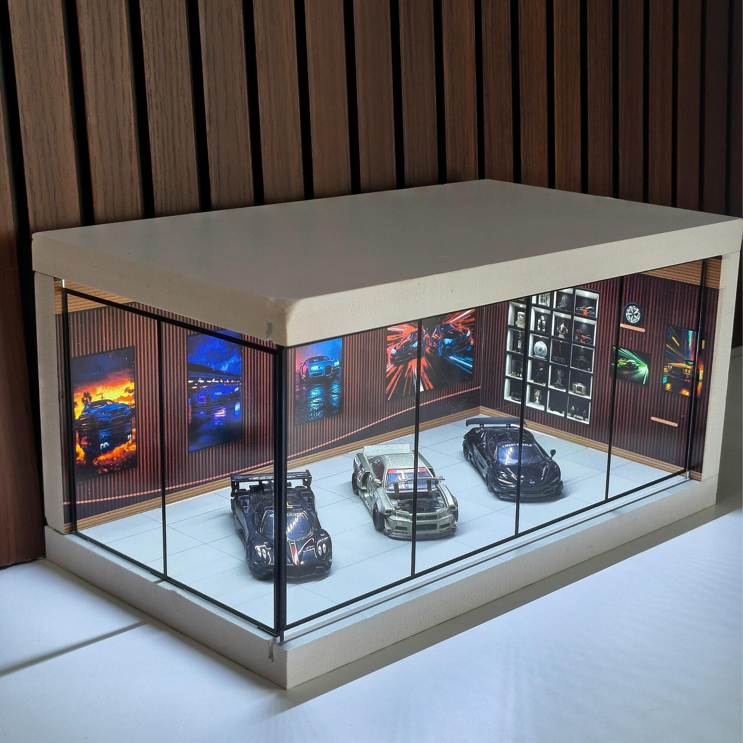 Image of Fancy Things Luxury Miniature Car Showroom - Brown - LED-Lit Display Case with Glass Front Decorative Showpiece - 19 cm (Polyvinyl Chloride, Wood, Brown)
