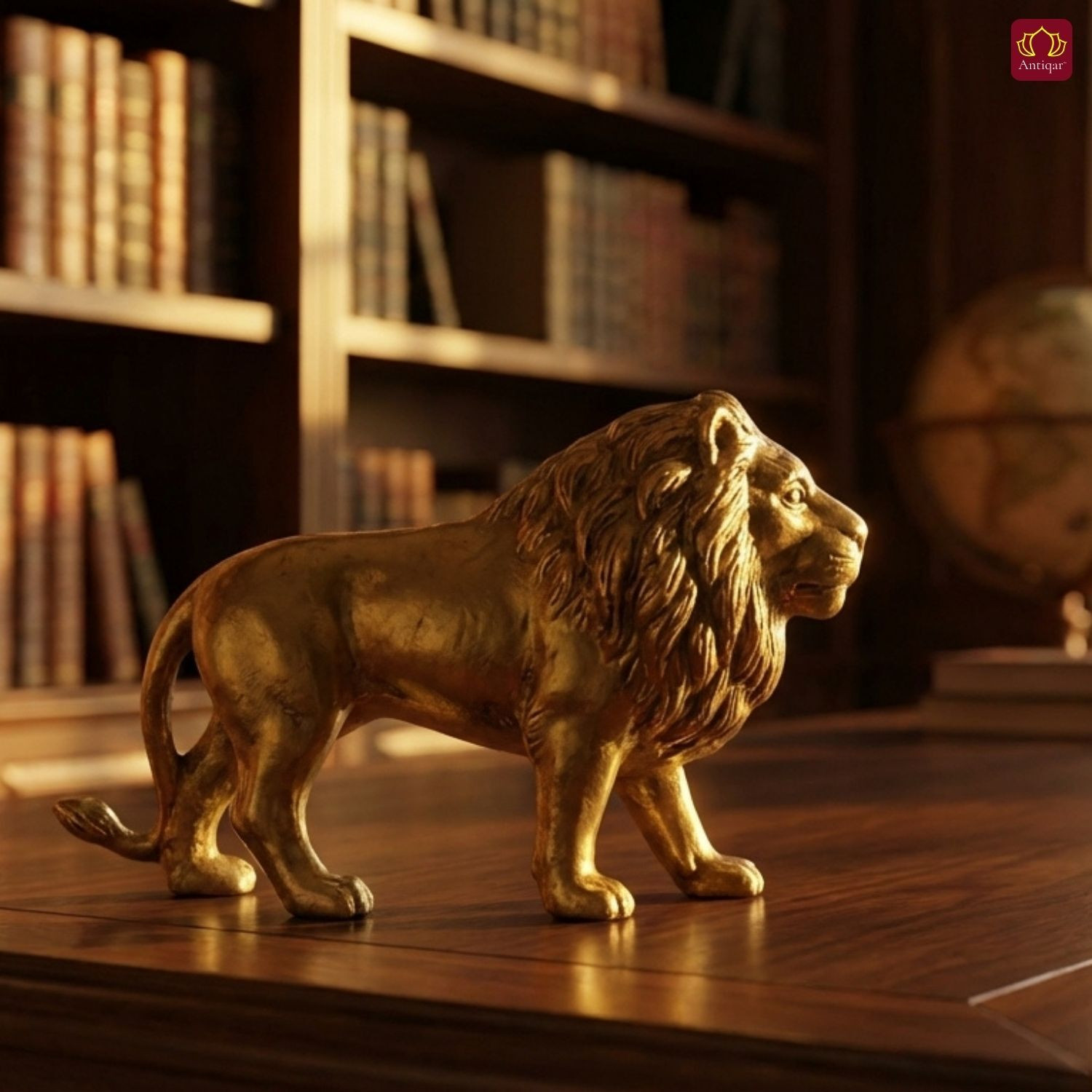 Image of Antiqar Brass Lion Showpiece | Standing Position | Handcrafted Home, Table Decor Decorative Showpiece - 8 cm (Brass, Gold)