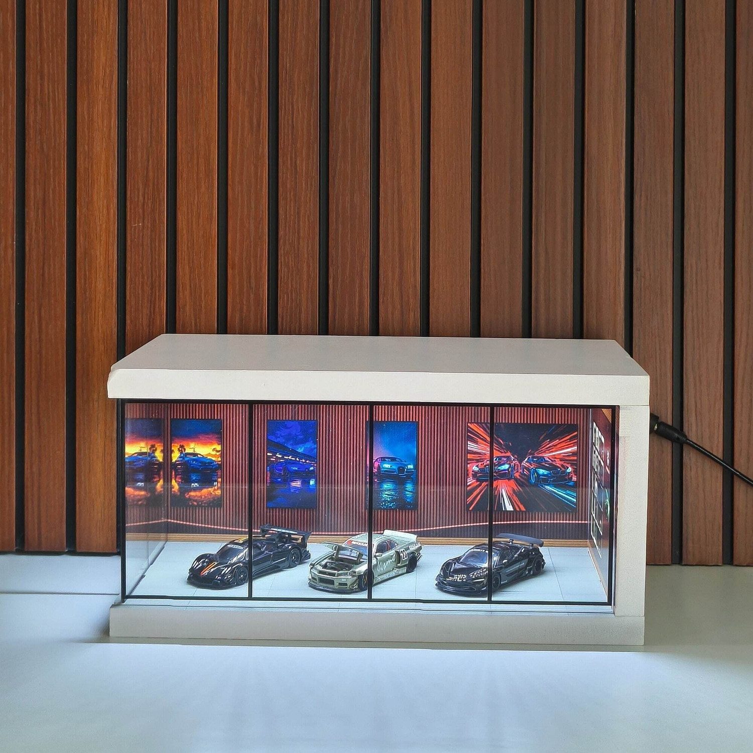 Image of Fancy Things Luxury Miniature Car Showroom - Brown - LED-Lit Display Case with Glass Front Decorative Showpiece - 19 cm (Polyvinyl Chloride, Wood, Brown)