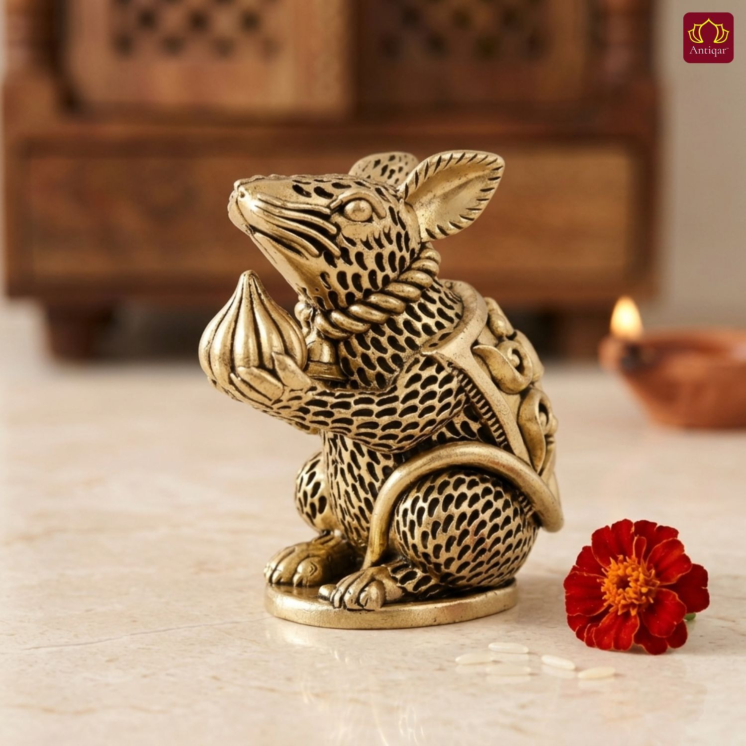 Image of Antiqar Brass Lion Showpiece | Standing Position | Handcrafted Home, Table Decor Decorative Showpiece - 8 cm (Brass, Gold)