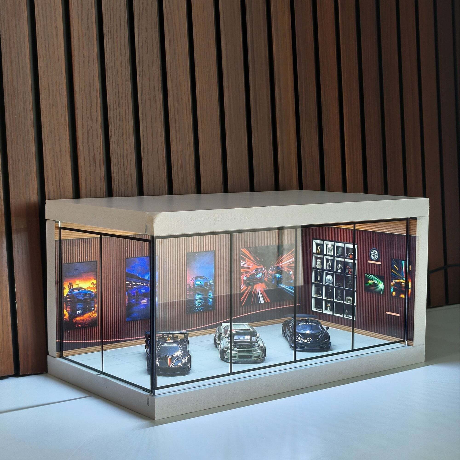 Image of Fancy Things Luxury Miniature Car Showroom - Brown - LED-Lit Display Case with Glass Front Decorative Showpiece - 19 cm (Polyvinyl Chloride, Wood, Brown)