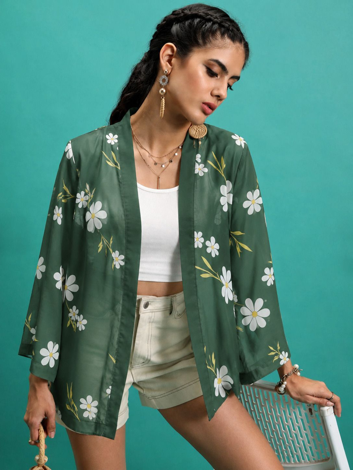 Image of Sera Women Longline Full Sleeve Green Shrug