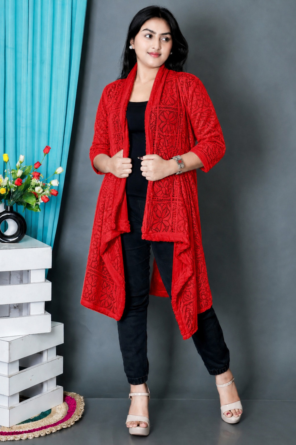 Image of SHIRAK Women Full Sleeve Red Shrug