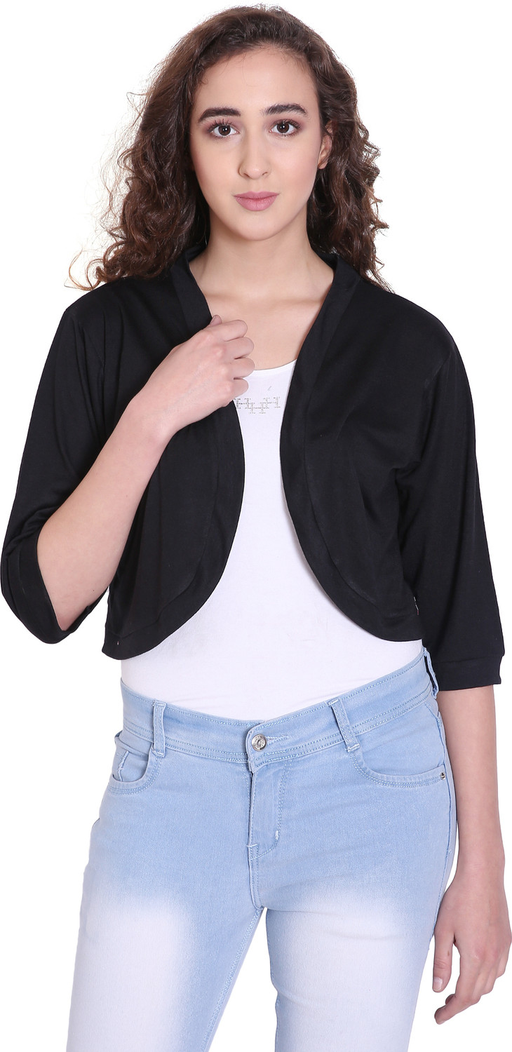 Image of famcomf Women Straight 3 /4th Sleeve Black Shrug