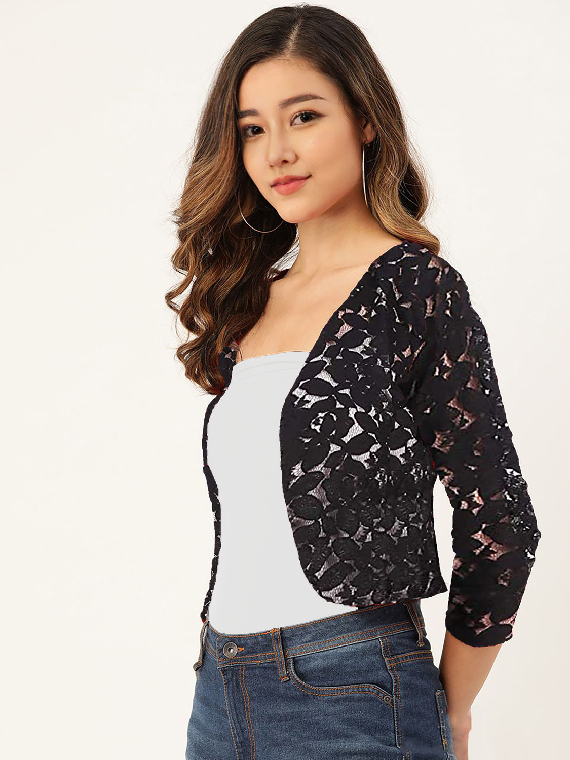 Image of famcomf Women Straight 3 /4th Sleeve Black Shrug