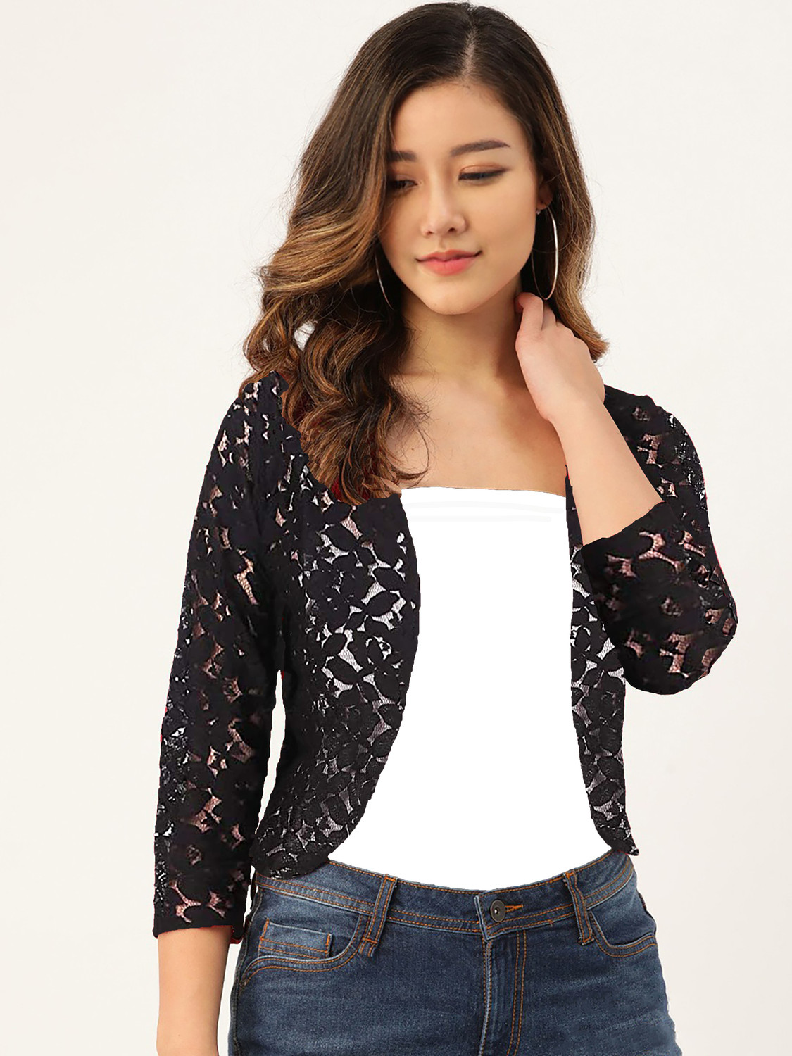 Image of famcomf Women Straight 3 /4th Sleeve Black Shrug