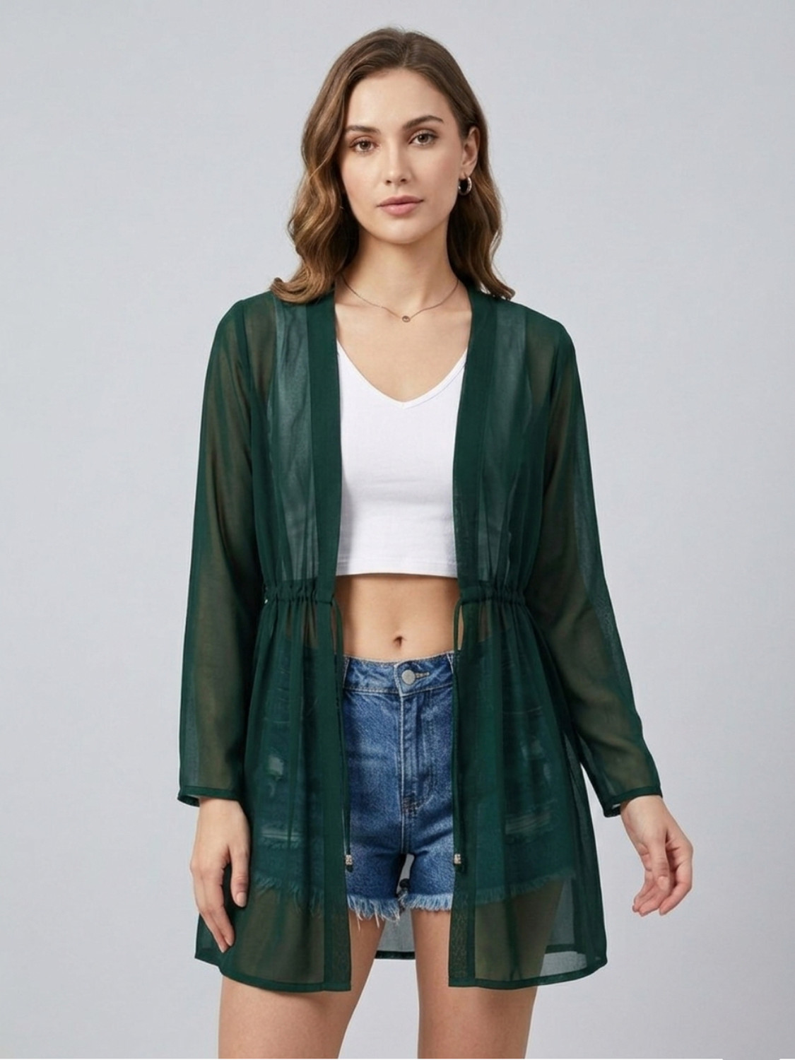 Image of Sera Women Longline Full Sleeve Green Shrug