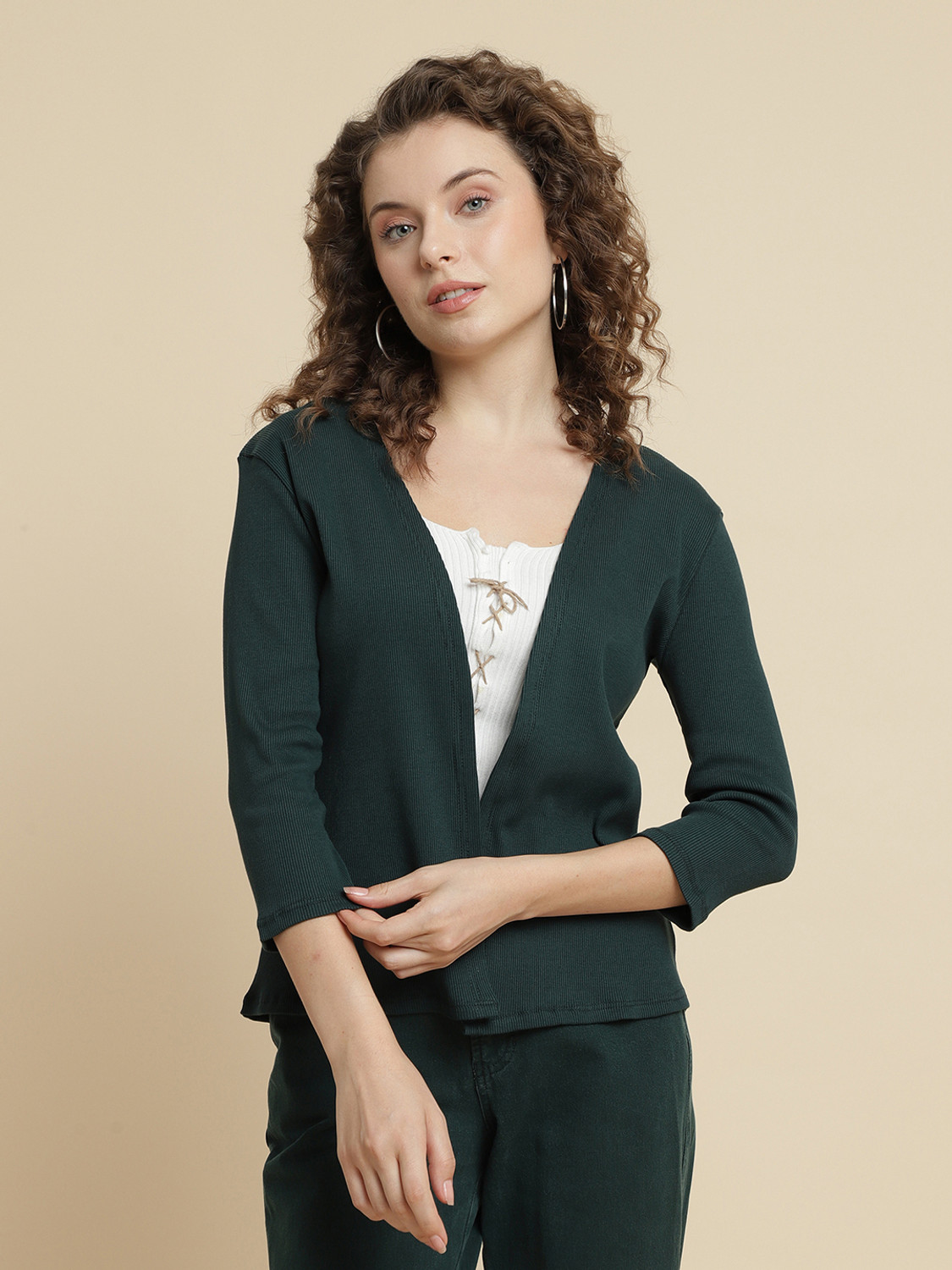 Image of Sera Women Longline Full Sleeve Green Shrug