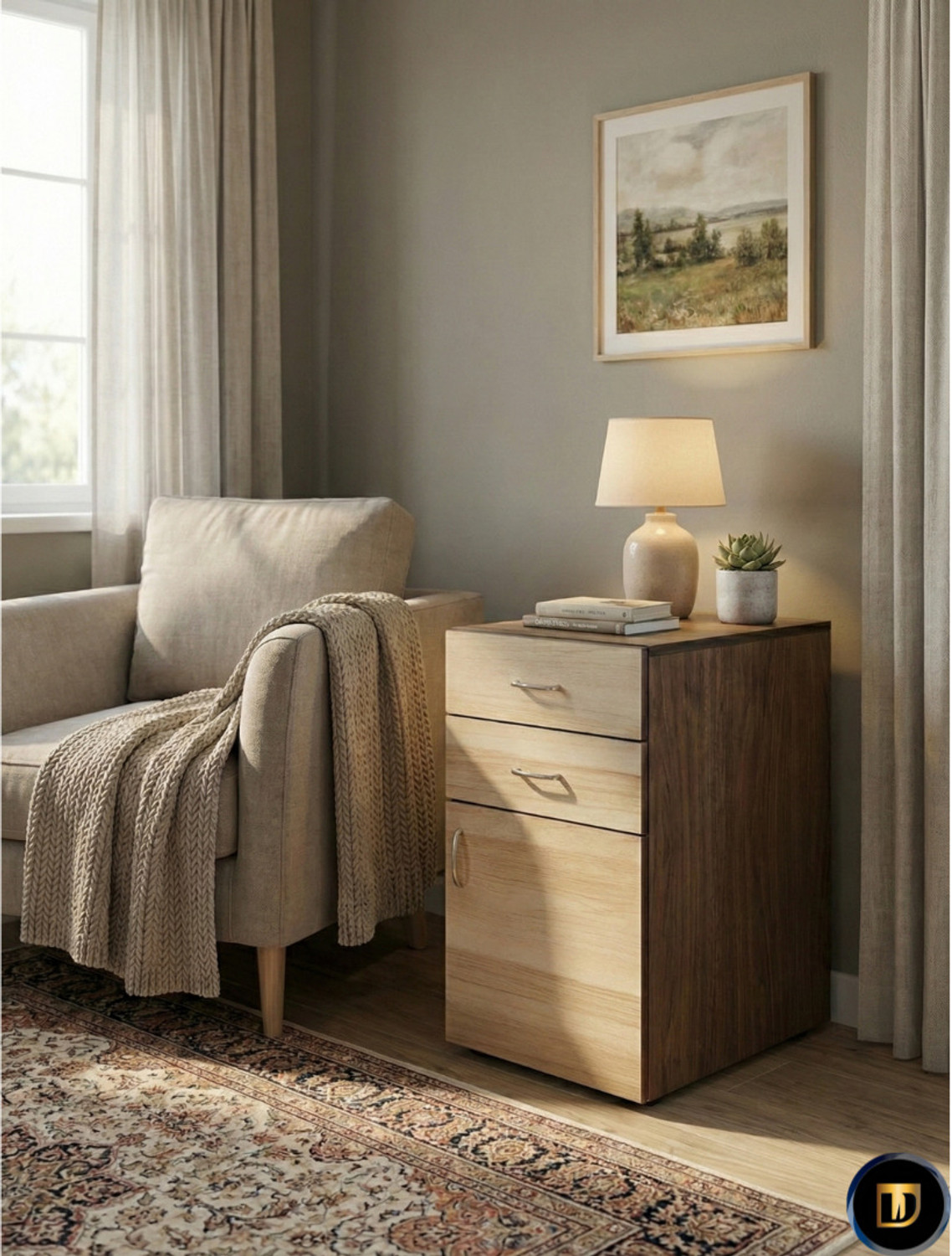 Image of The Divine Workshop TDW Wooden Multipurpose Storage Cabinet side table with Walnut & Oak Finish. Engineered Wood End Table (Finish Color - walnut, Pre-assembled)