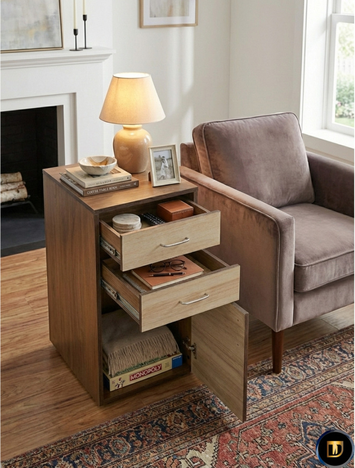 Image of The Divine Workshop TDW Wooden Multipurpose Storage Cabinet side table with Walnut & Oak Finish. Engineered Wood End Table (Finish Color - walnut, Pre-assembled)