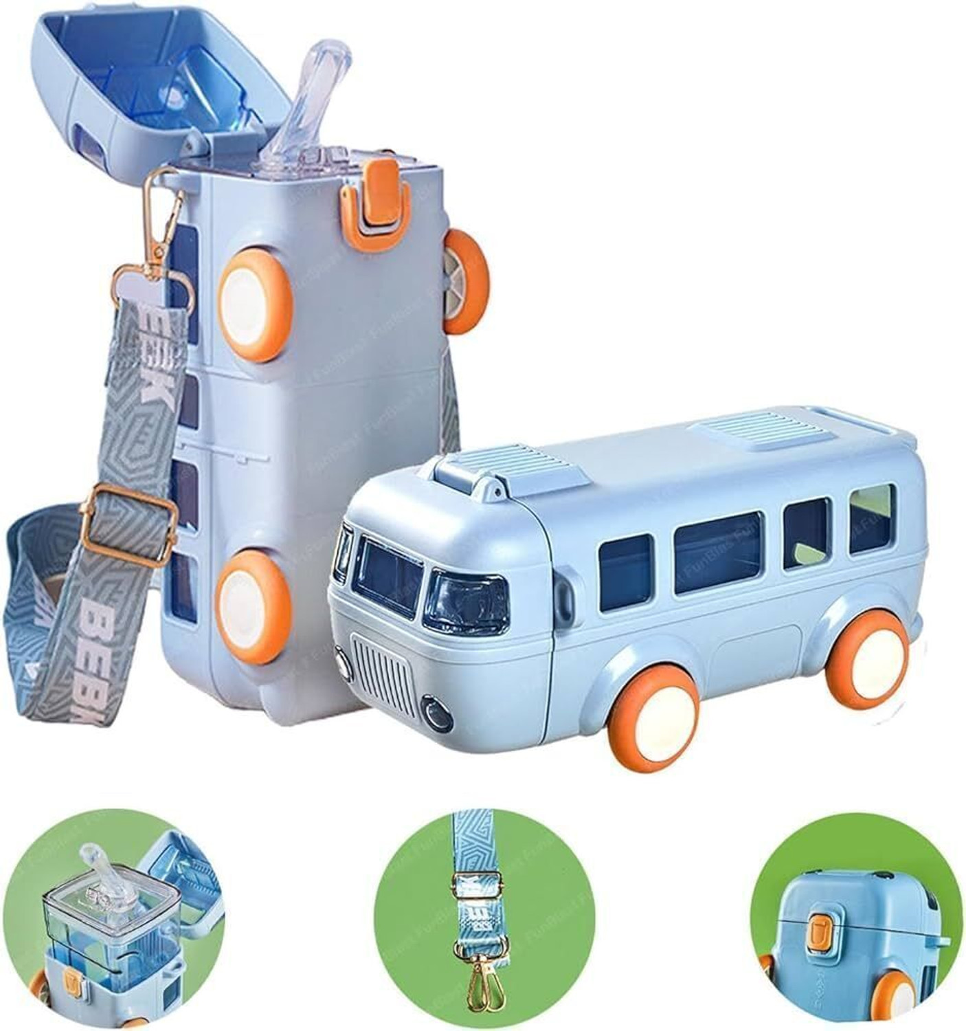 Image of MICASHU Bus Shaped Moving Wheels Detachable Water Bottle with Straw Shoulder Strap (Multicolor)