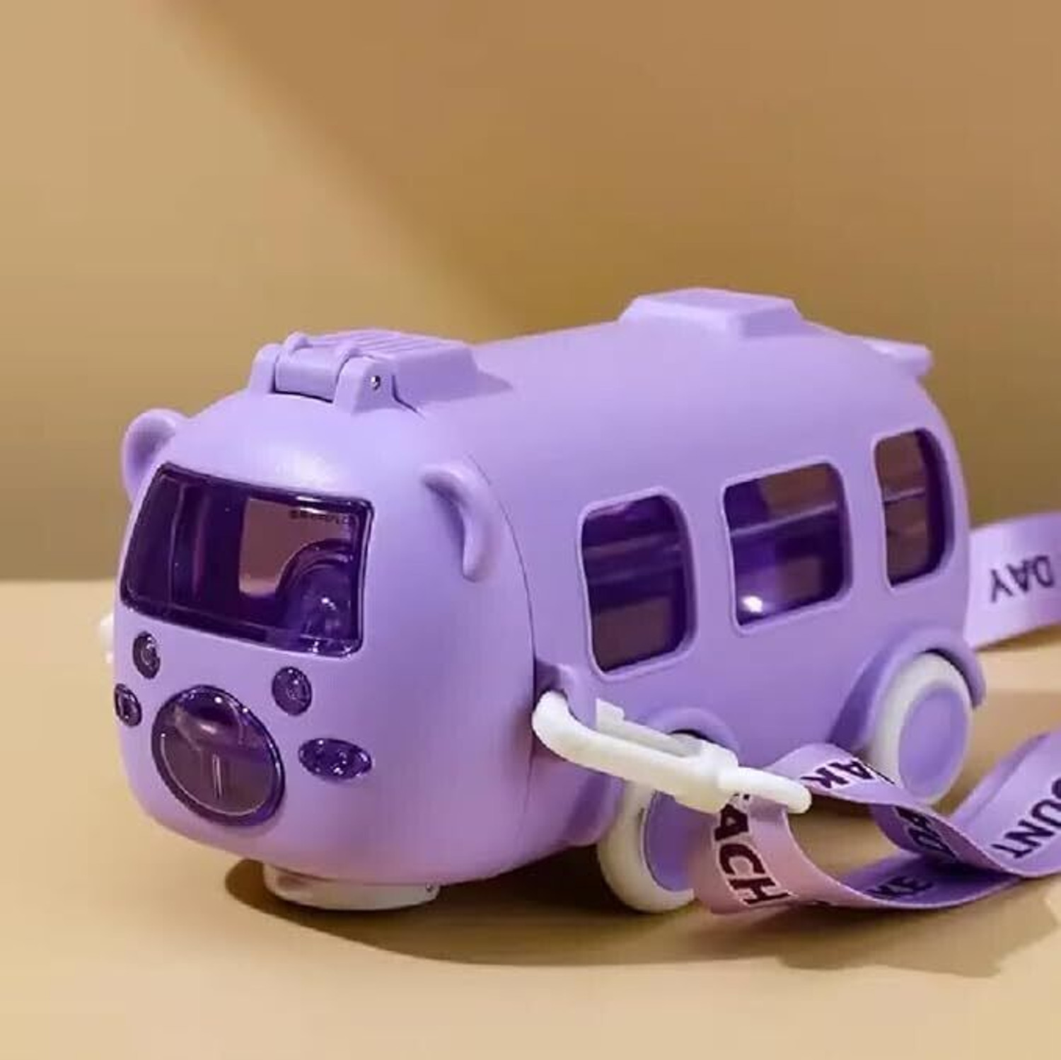 Image of MICASHU Bus Shaped Moving Wheels Detachable Water Bottle with Straw Shoulder Strap (Multicolor)