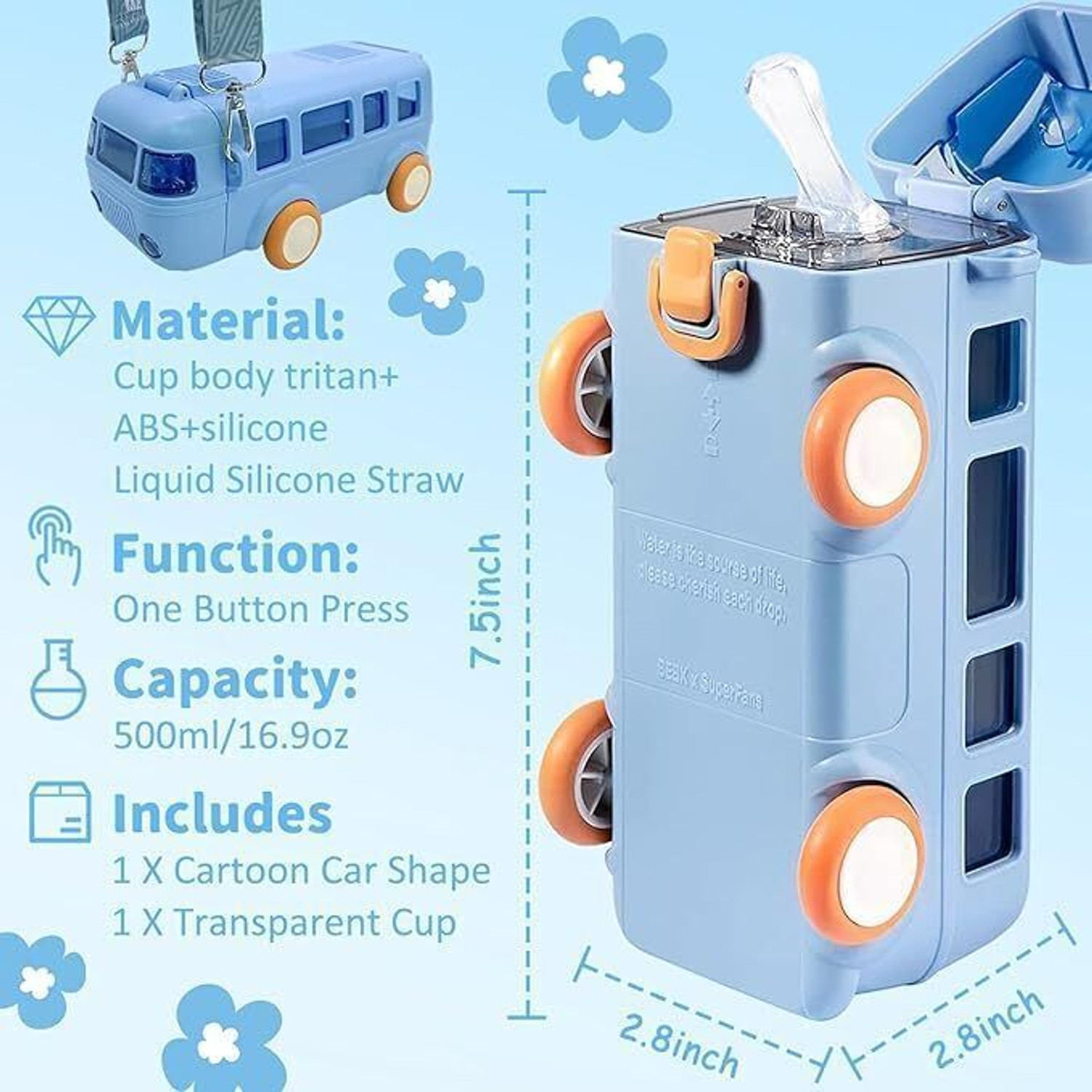 Image of MICASHU Bus Shaped Moving Wheels Detachable Water Bottle with Straw Shoulder Strap (Multicolor)