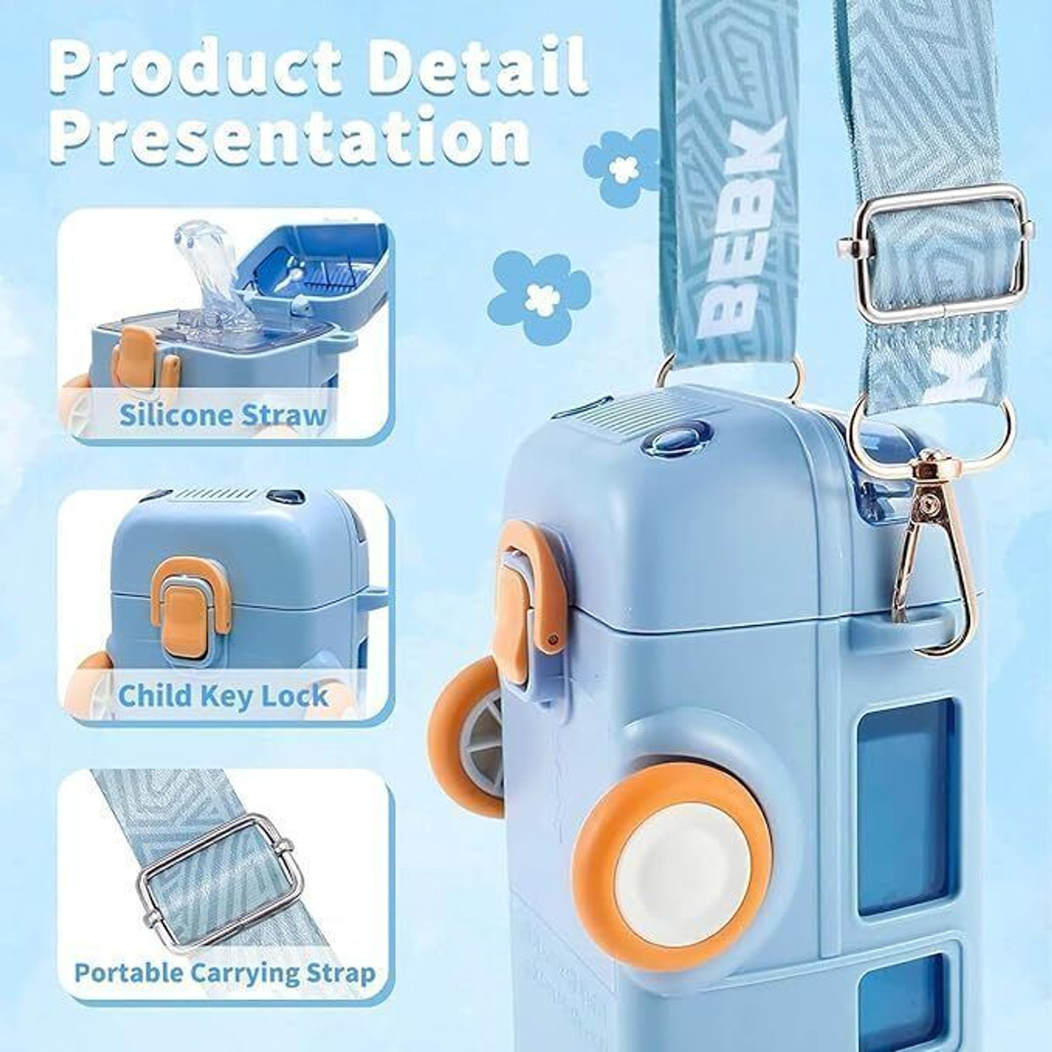 Image of MICASHU Bus Shaped Moving Wheels Detachable Water Bottle with Straw Shoulder Strap (Multicolor)