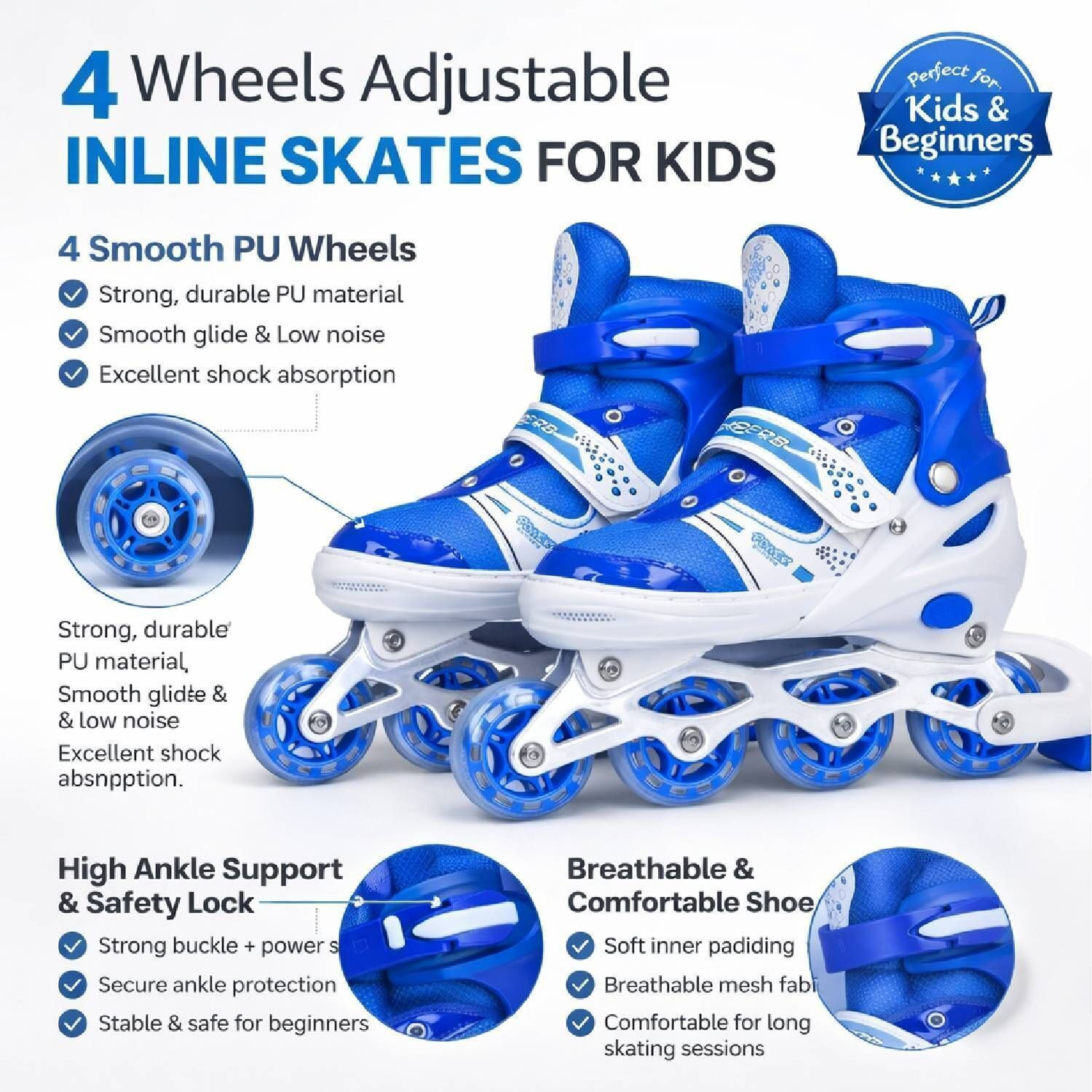 Image of Shopeleven PU Flashing Wheel Aluminum Alloy In-Line Skates Adjustable Size In-line Kids Size 6 UK - 8 UK (Adjustable, Advanced, Beginner, Intermediate, Training, Blue)
