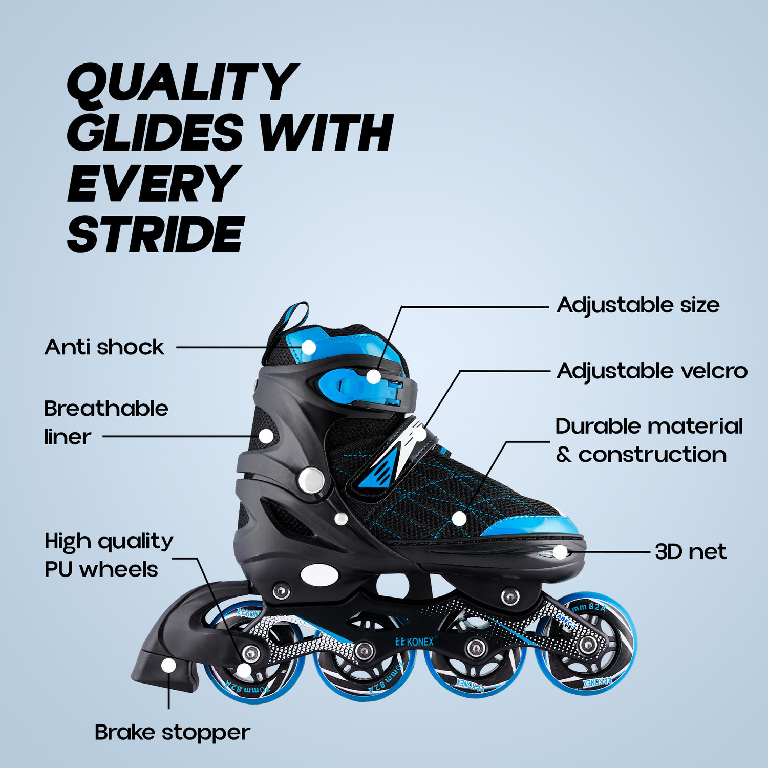 Image of Konex 4 Wheel Inline Skates | Adjustable PU Wheel Roller Skating Shoes (Large: 35-38) In-line Kids (Adjustable, Intermediate, Blue)