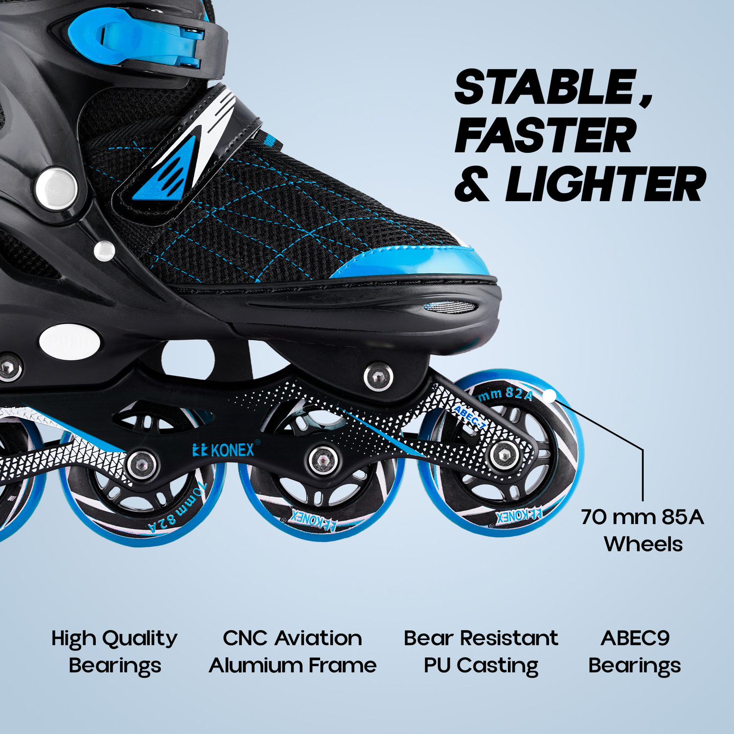 Image of Konex 4 Wheel Inline Skates | Adjustable PU Wheel Roller Skating Shoes (Large: 35-38) In-line Kids (Adjustable, Intermediate, Blue)
