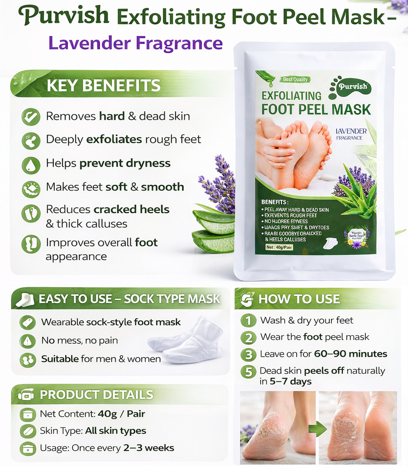 Image of purvish Feet Dead Skin Remover Mask | Deep Exfoliation | Natural Feet Peeling Mask (800 g)