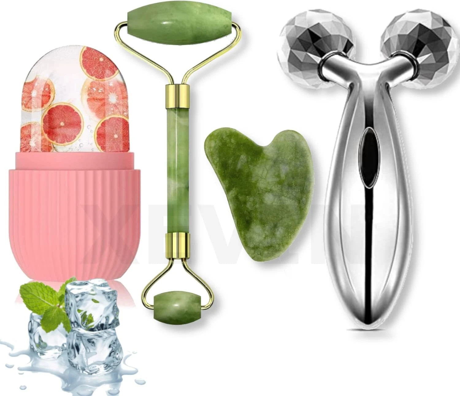 Image of GAURINANDAN 3D Face Body Massager With Ice Roller And Jade Stone Roller With Gua Sha Tools. (100 g)