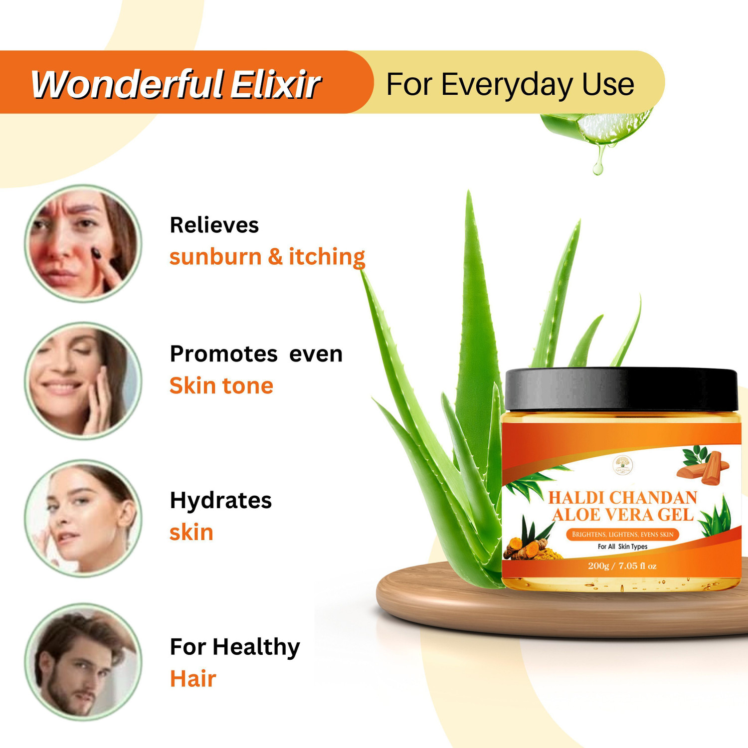 Image of Kalah Herbals Aloe Vera Gel with Haldi & Chandan for Face, Skin & Hair | Moisturizing, Skin Brightening, Anti-Acne Pure Aloe Vera Gel -200g (200 g)