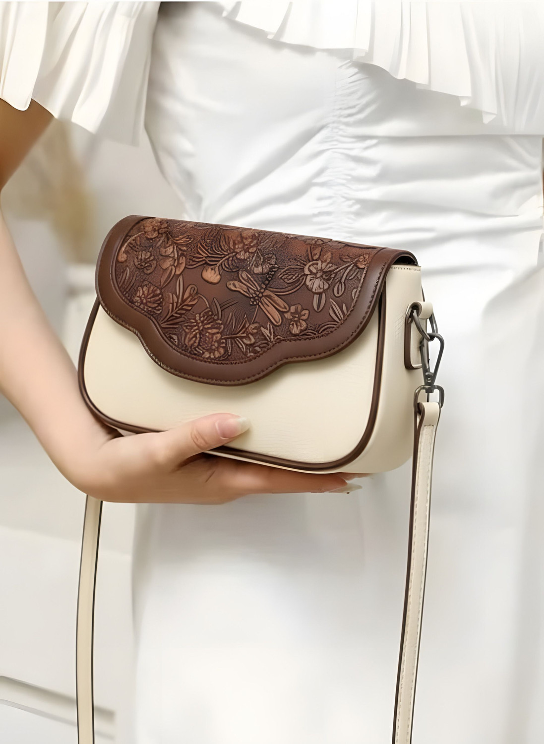Image of RKHUB White, Brown Women Sling Bag Ivory Knot Mini Satchel