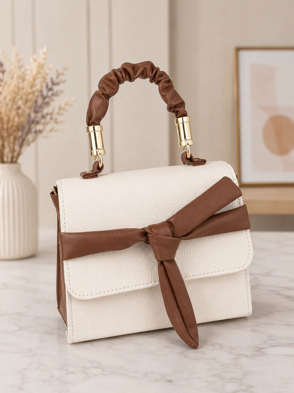 Image of RKHUB White, Brown Women Sling Bag Ivory Knot Mini Satchel
