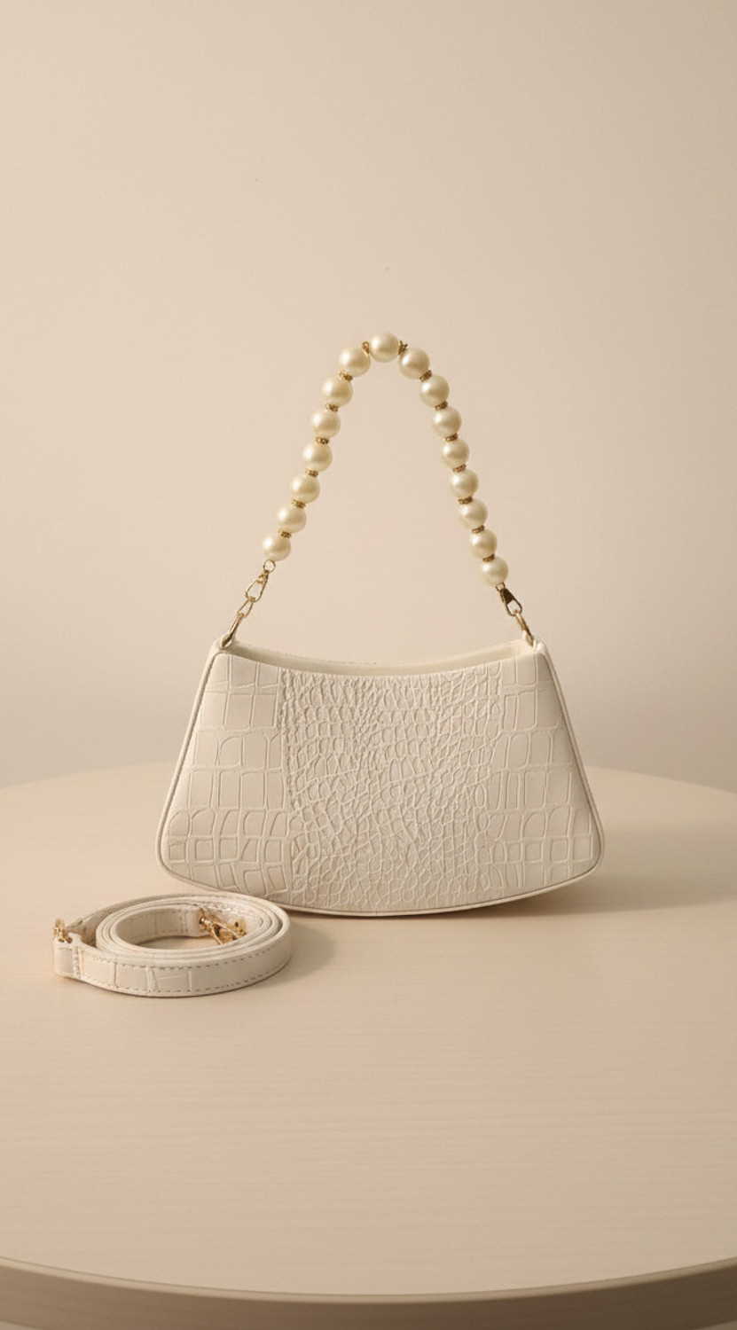 Image of Shraddha White Women Sling Bag Textured Pearl Handle Purse