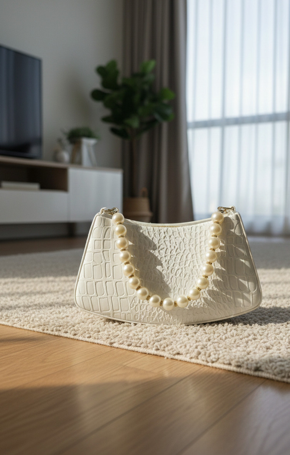 Image of Shraddha White Women Sling Bag Textured Pearl Handle Purse