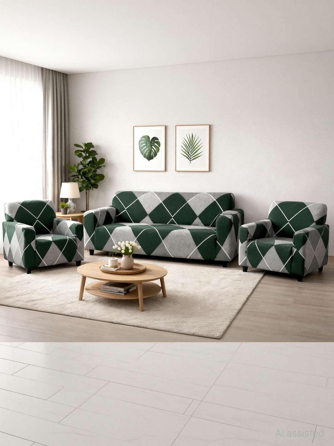 Image of igi Polyester 3+1+1 Seater Sofa Abstract Cover (Pack of 3 MULTICOLOR)