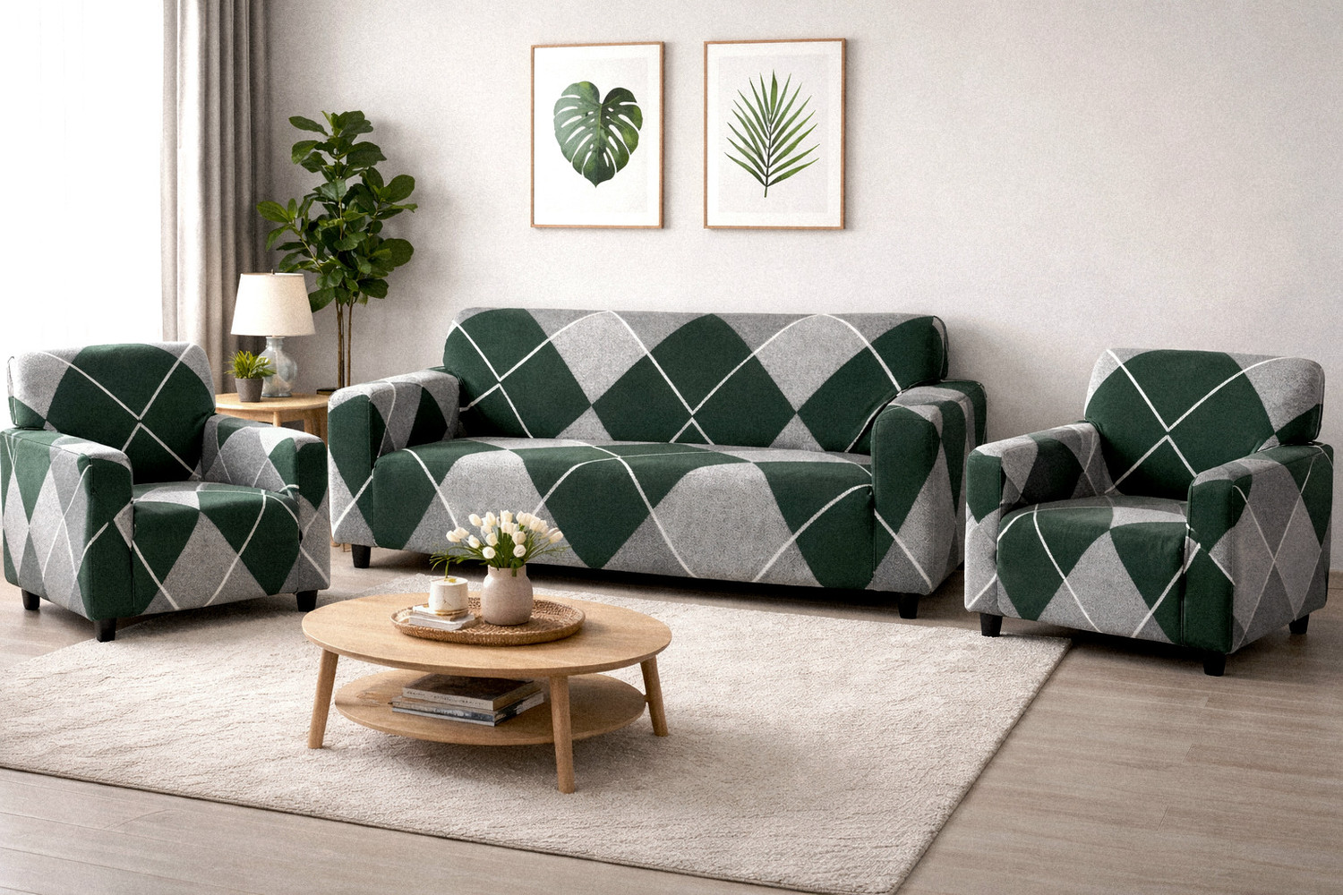 Image of igi Polyester 3+1+1 Seater Sofa Abstract Cover (Pack of 3 MULTICOLOR)