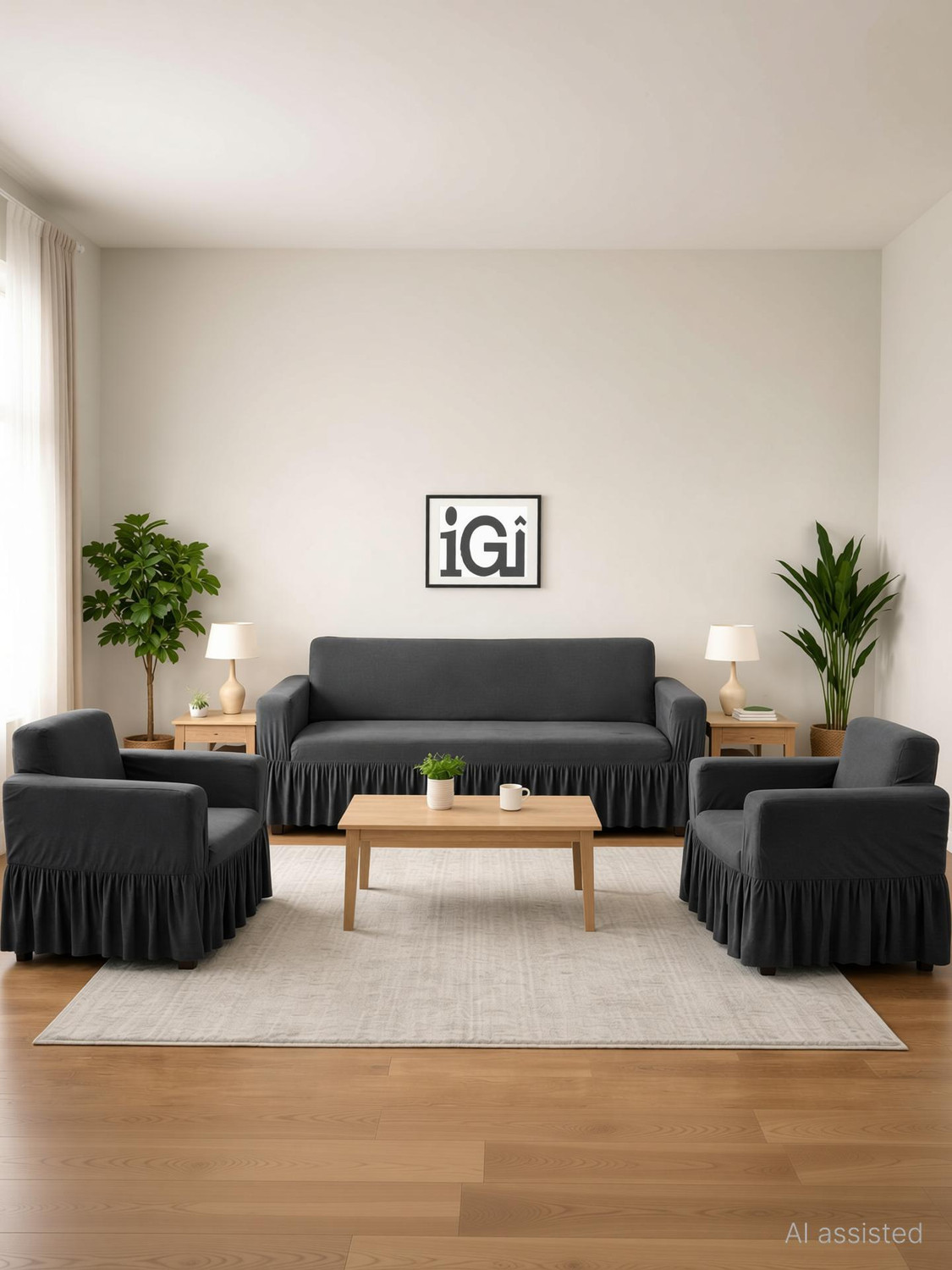 Image of EASTTARDOMM Polyester 3+1+1 Seater Sofa Checkered Cover (Pack of 3 5 Seater Stretchable Fabric & Elastic Closure Fitted Sofa Cover Blue & Grey)