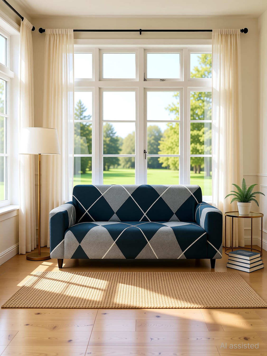 Image of EASTTARDOMM Polyester 3+1+1 Seater Sofa Checkered Cover (Pack of 3 5 Seater Stretchable Fabric & Elastic Closure Fitted Sofa Cover Blue & Grey)