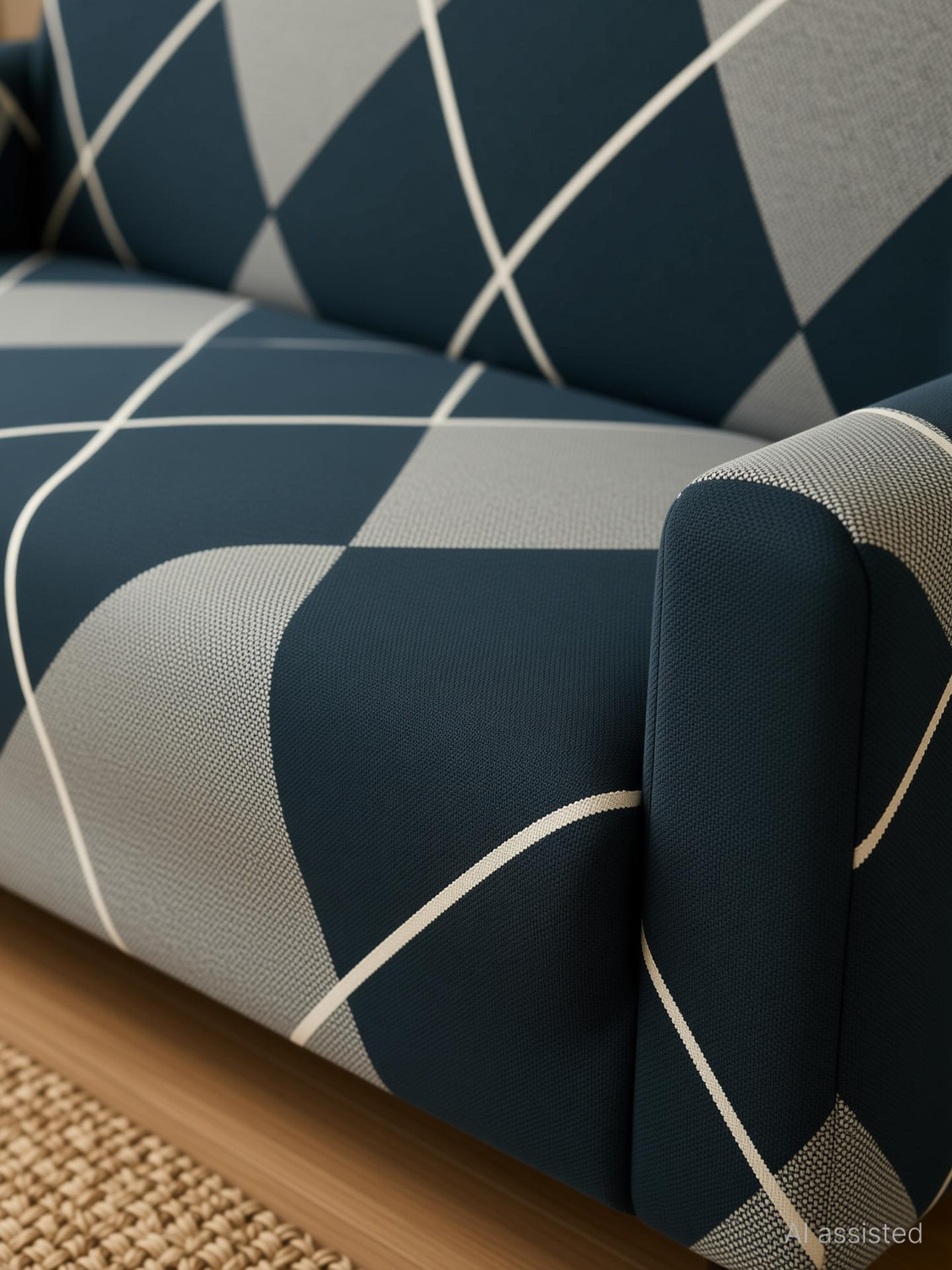 Image of EASTTARDOMM Polyester 3+1+1 Seater Sofa Checkered Cover (Pack of 3 5 Seater Stretchable Fabric & Elastic Closure Fitted Sofa Cover Blue & Grey)