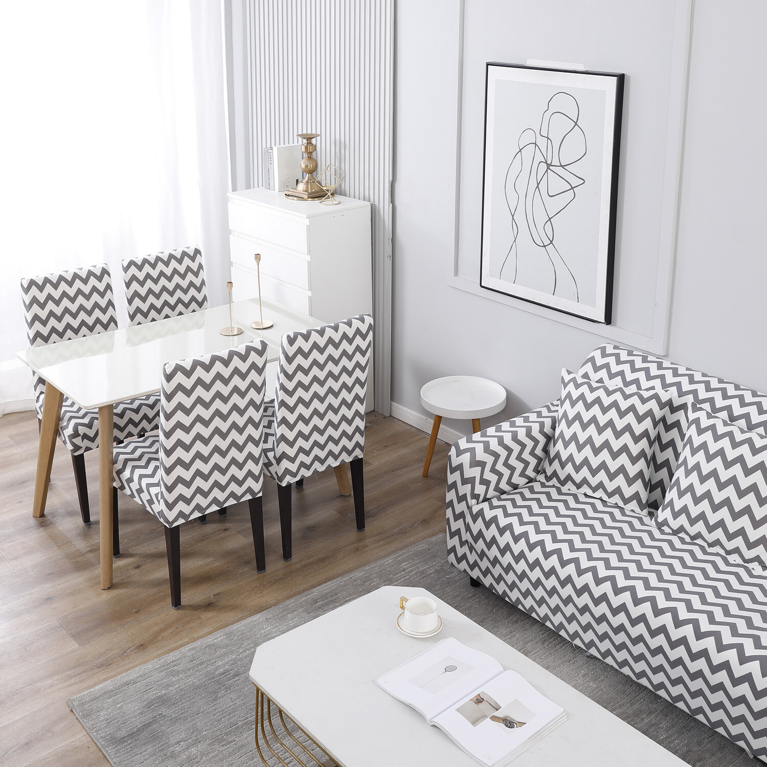 Image of HOKiPO Polyester 4 Seater Sofa Striped Cover (Pack of 1 Chevron Grey)