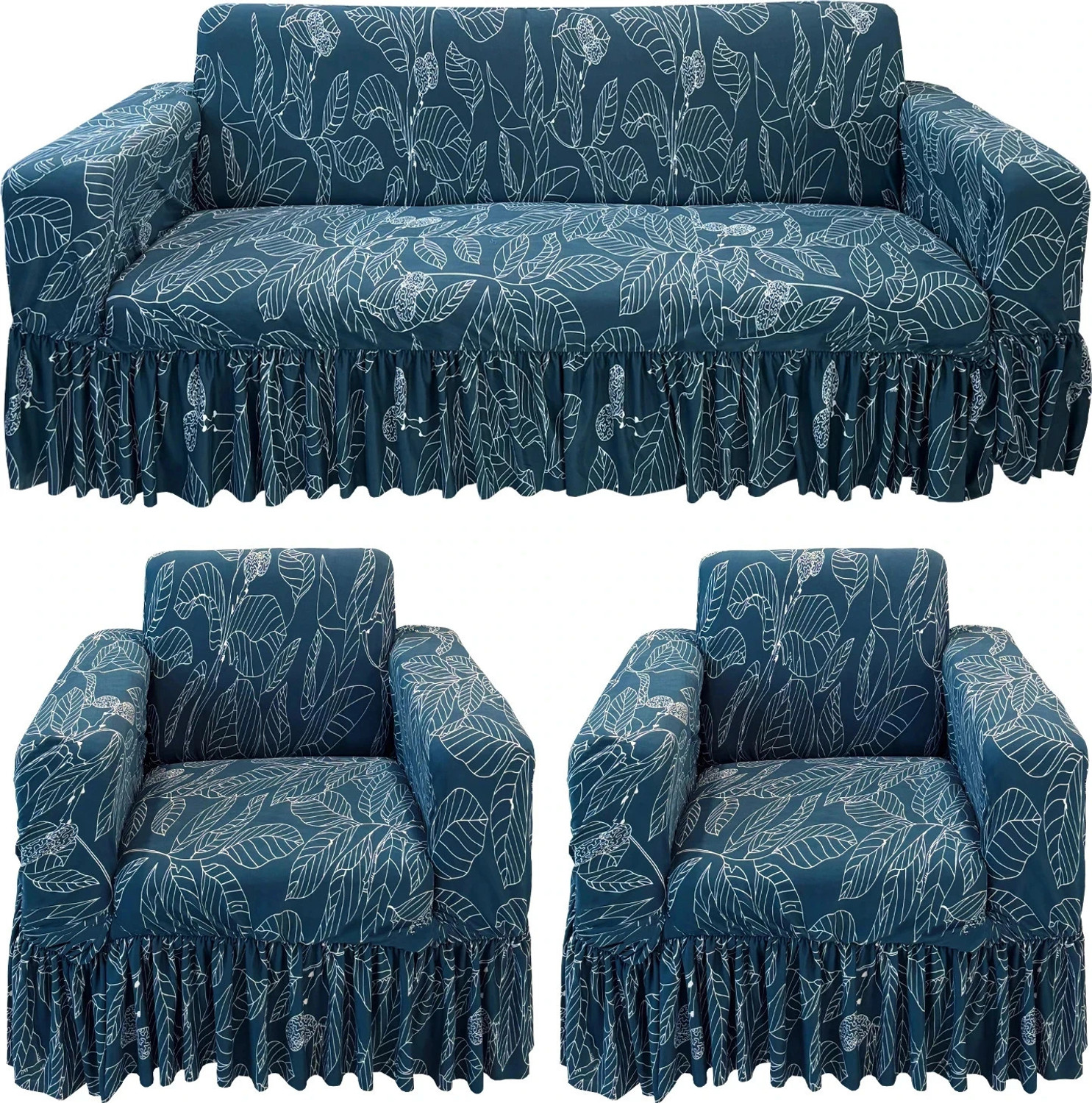 Image of EASTTARDOMM Polyester 3+1+1 Seater Sofa Checkered Cover (Pack of 3 5 Seater Stretchable Fabric & Elastic Closure Fitted Sofa Cover Blue & Grey)