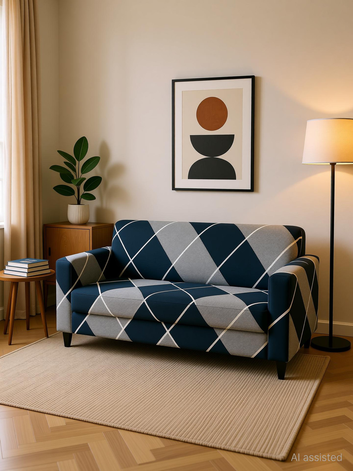 Image of EASTTARDOMM Polyester 3+1+1 Seater Sofa Checkered Cover (Pack of 3 5 Seater Stretchable Fabric & Elastic Closure Fitted Sofa Cover Blue & Grey)