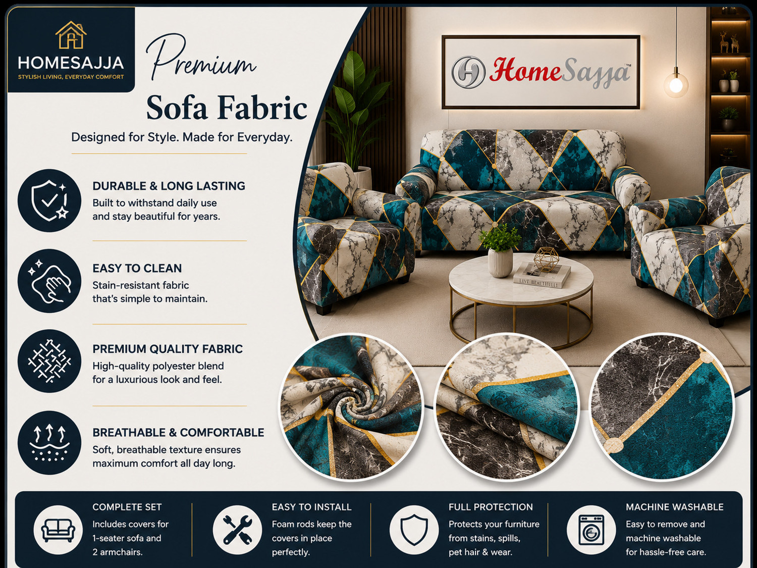 Image of Homesajja Polycotton 3+1+1 Seater Sofa Floral Cover (Pack of 3 MULTI TRANGLE)