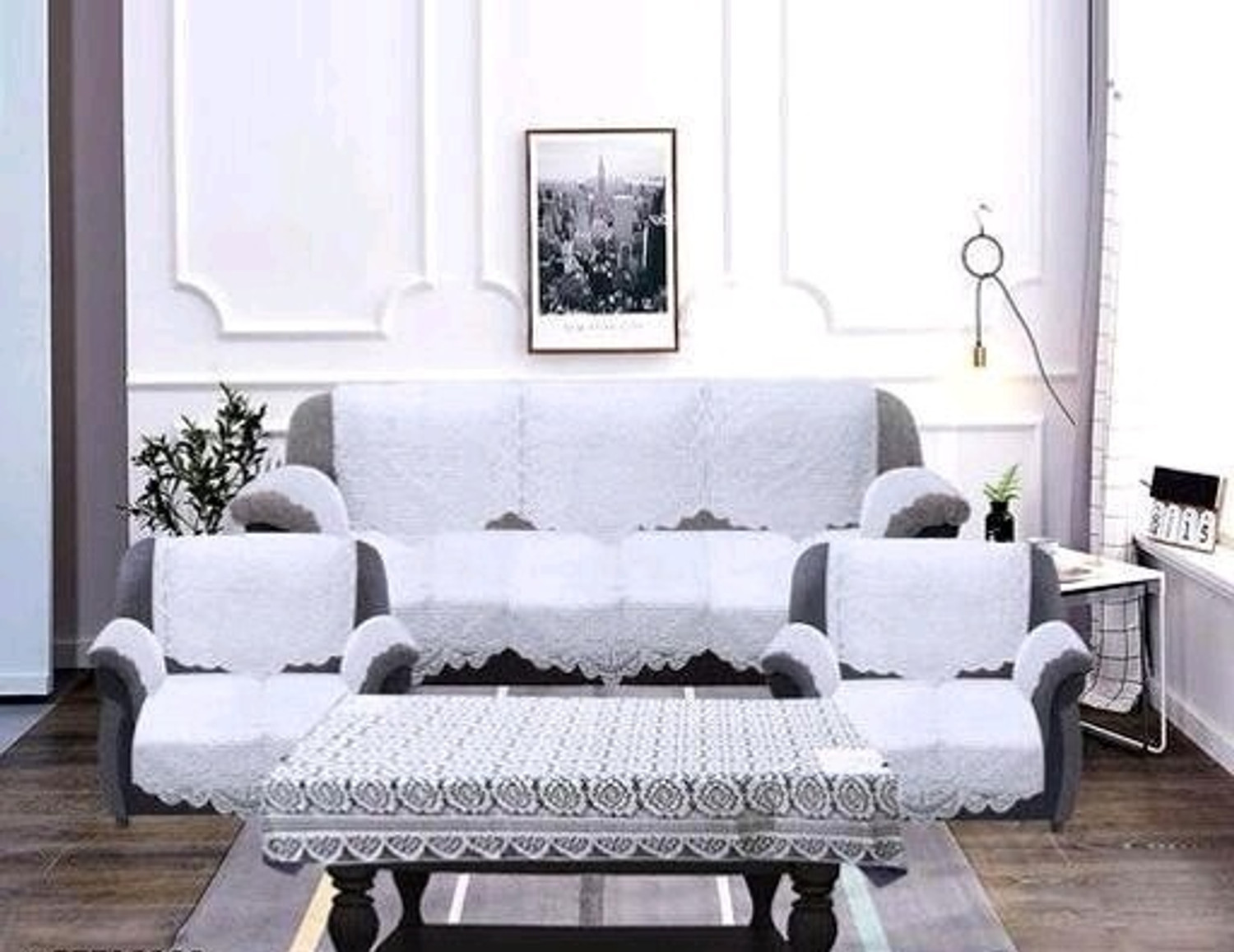 Image of Luxury Crafts Cotton 3+1+1 Seater Sofa Abstract Cover (Pack of 18 Blue)