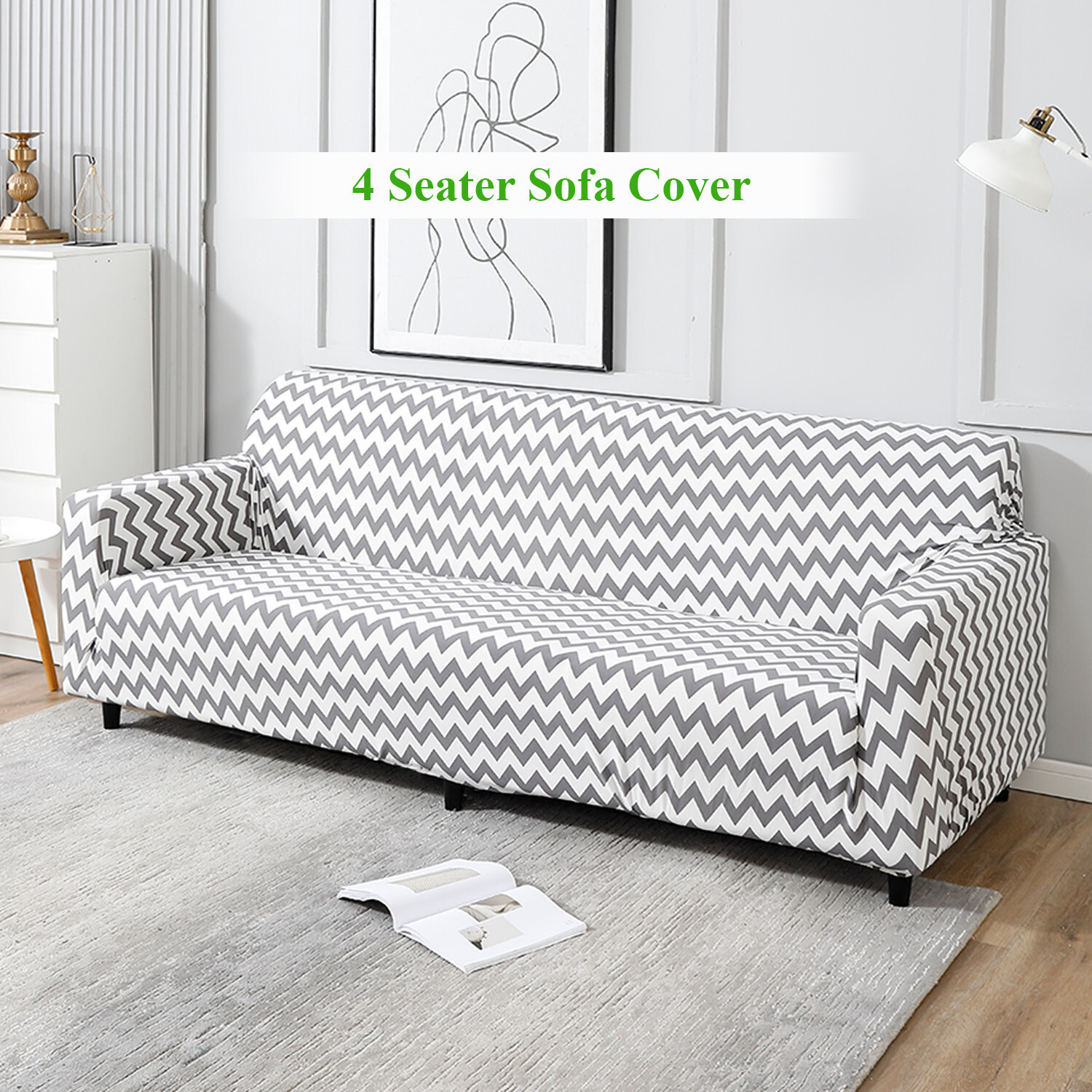 Image of HOKiPO Polyester 4 Seater Sofa Striped Cover (Pack of 1 Chevron Grey)