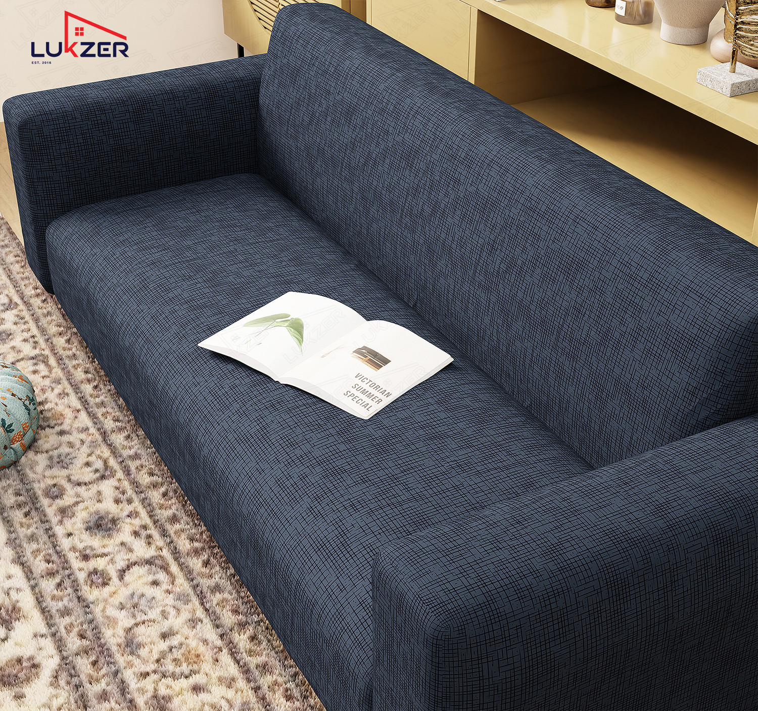 Image of LUKZER Polyester 4 Seater Sofa Floral Cover (Pack of 1 Dark Blue Lining)