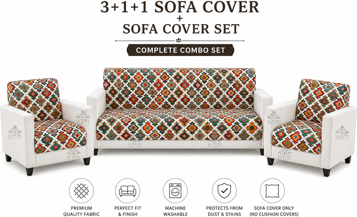 Image of Luxury Crafts Cotton 3+1+1 Seater Sofa Abstract Cover (Pack of 18 Blue)
