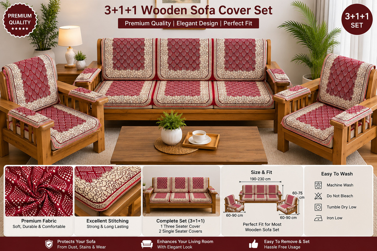 Image of Homesajja Polycotton 3+1+1 Seater Sofa Floral Cover (Pack of 3 MULTI TRANGLE)