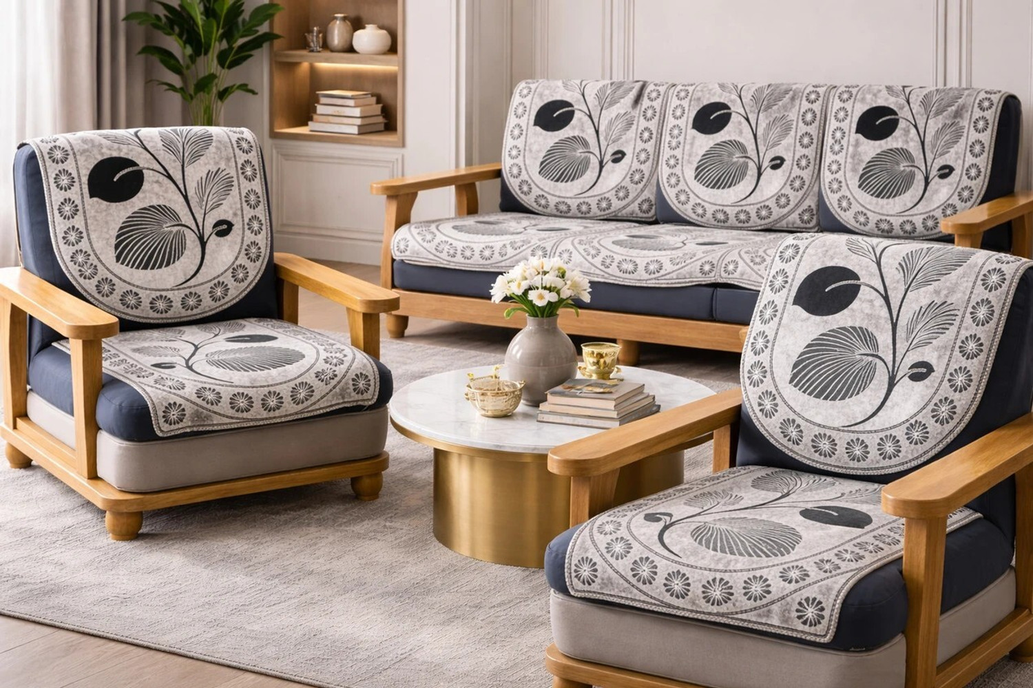 Image of Luxury Crafts Cotton 3+1+1 Seater Sofa Abstract Cover (Pack of 18 Blue)