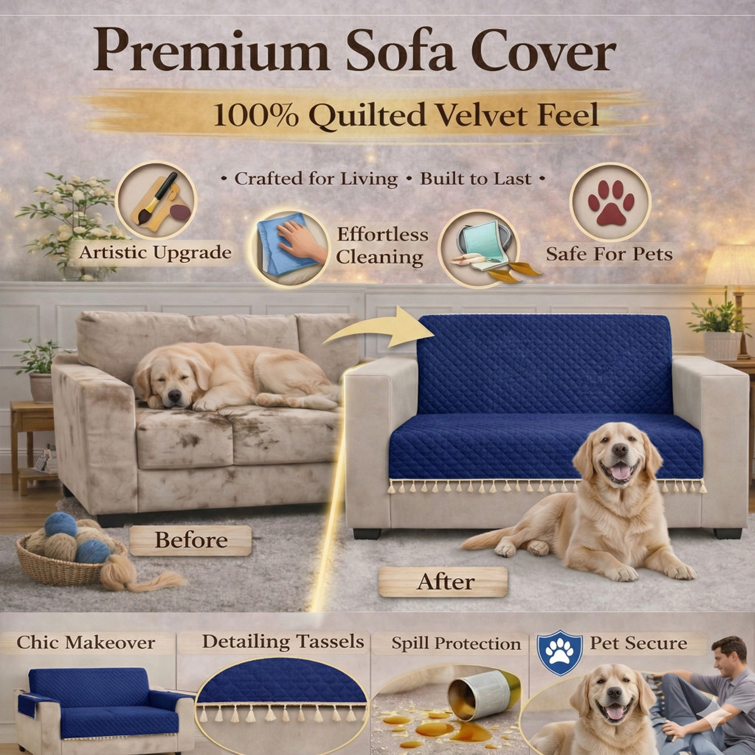Image of STITCHNEST Velvet 3 Seater Sofa Plain Cover (Pack of 1 Blue)