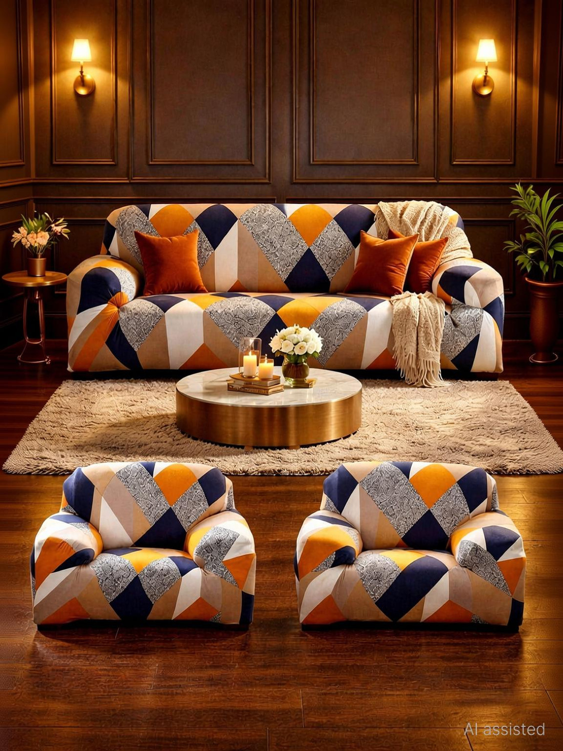 Image of igi Polyester 3+1+1 Seater Sofa Abstract Cover (Pack of 3 MULTICOLOR)