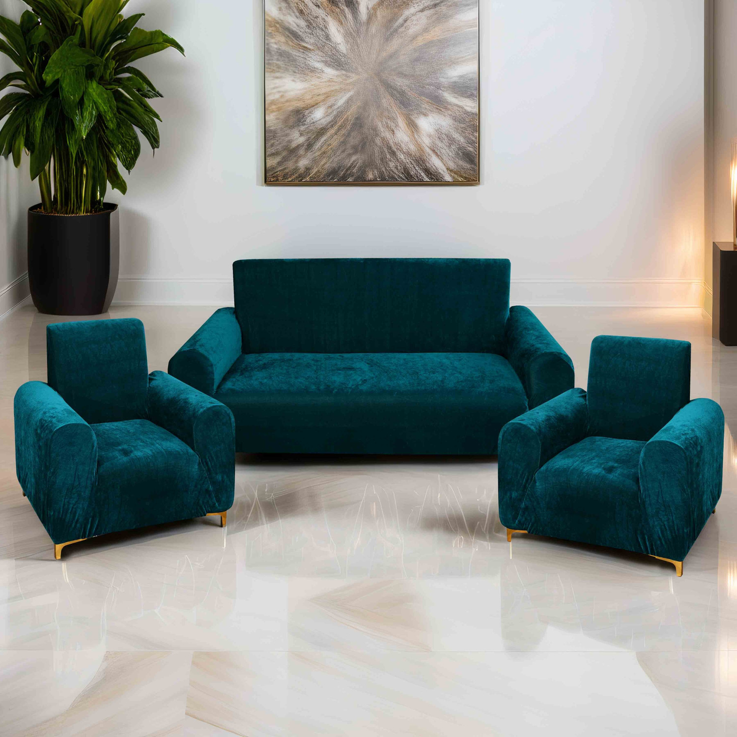 Image of EASTTARDOMM Polyester 3+1+1 Seater Sofa Checkered Cover (Pack of 3 5 Seater Stretchable Fabric & Elastic Closure Fitted Sofa Cover Blue & Grey)