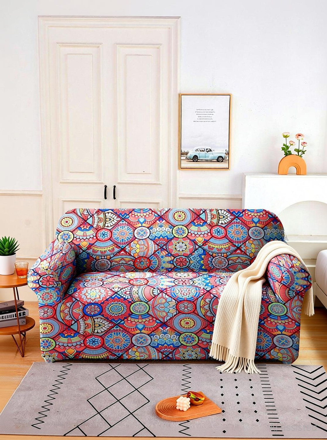 Image of igi Polyester 3+1+1 Seater Sofa Geometric Cover (Pack of 3 MULTICOLOR)