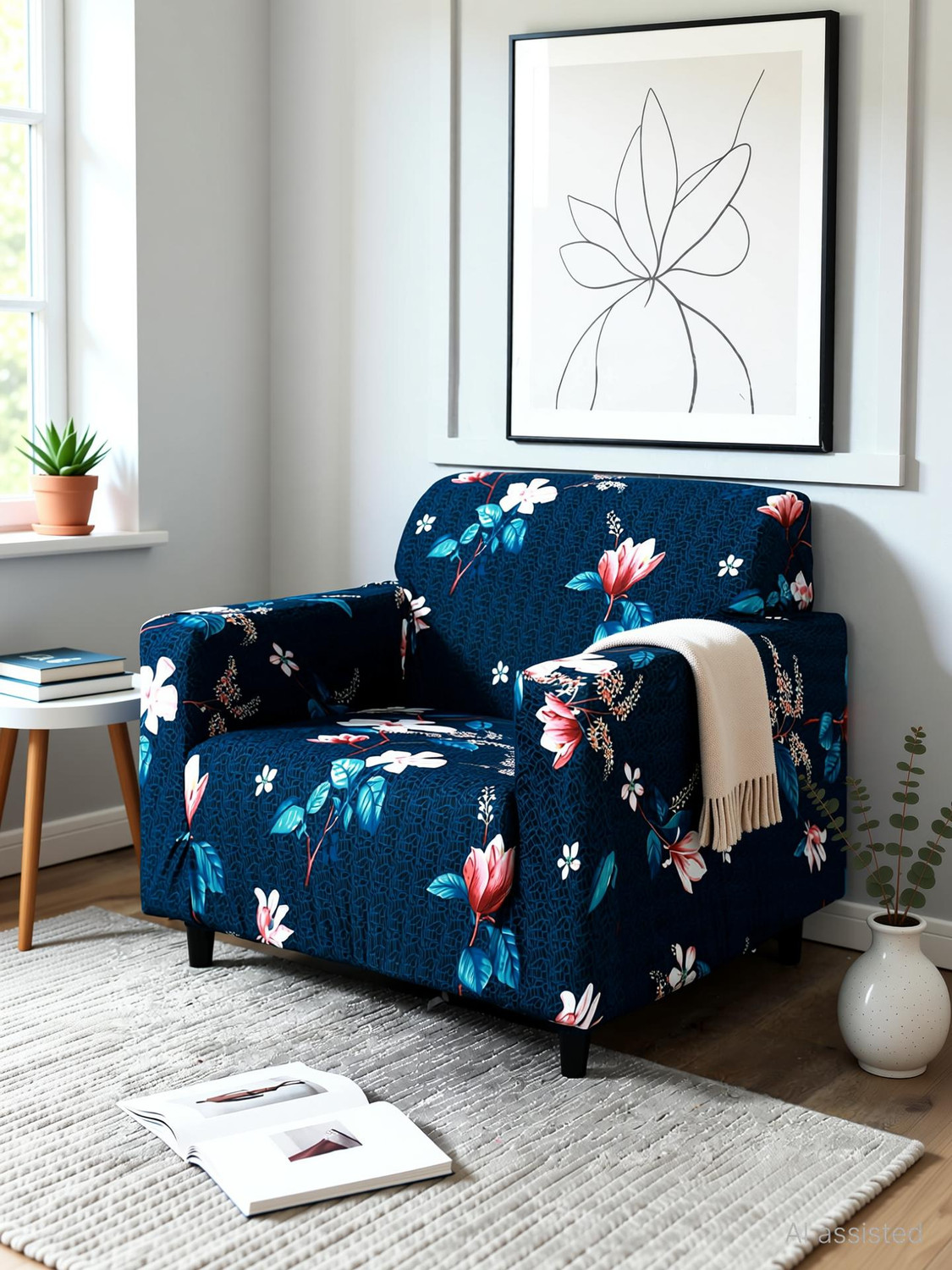 Image of igi Polyester 1 Seater Sofa Geometric Cover (Pack of 1 BLUE, MULTICOLOR)