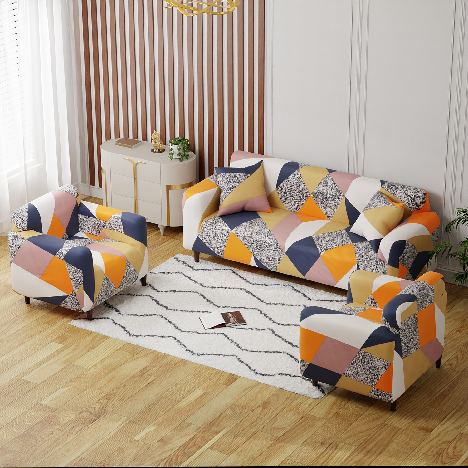 Image of igi Polyester 3+1+1 Seater Sofa Abstract Cover (Pack of 3 MULTICOLOR)