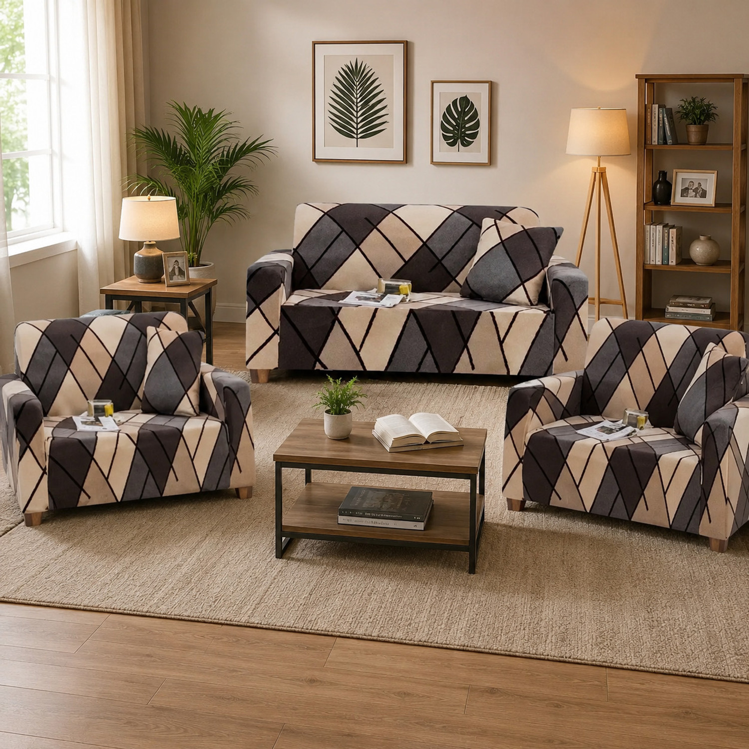 Image of Homesajja Polycotton 3+1+1 Seater Sofa Floral Cover (Pack of 3 MULTI TRANGLE)
